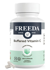 Freeda Vitamin C buffered 500mg capsules in bottle, supports daily immune health.