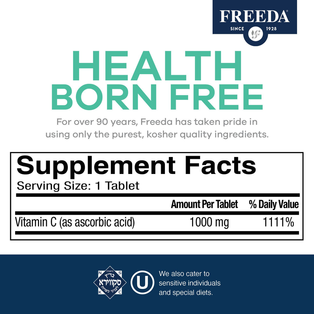 Freeda Vitamin C Kosher vegan certifications label indicating purity.