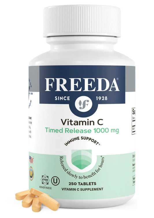 Freeda Vitamin C timed-release 1000mg bottle showing steady release for all-day support.