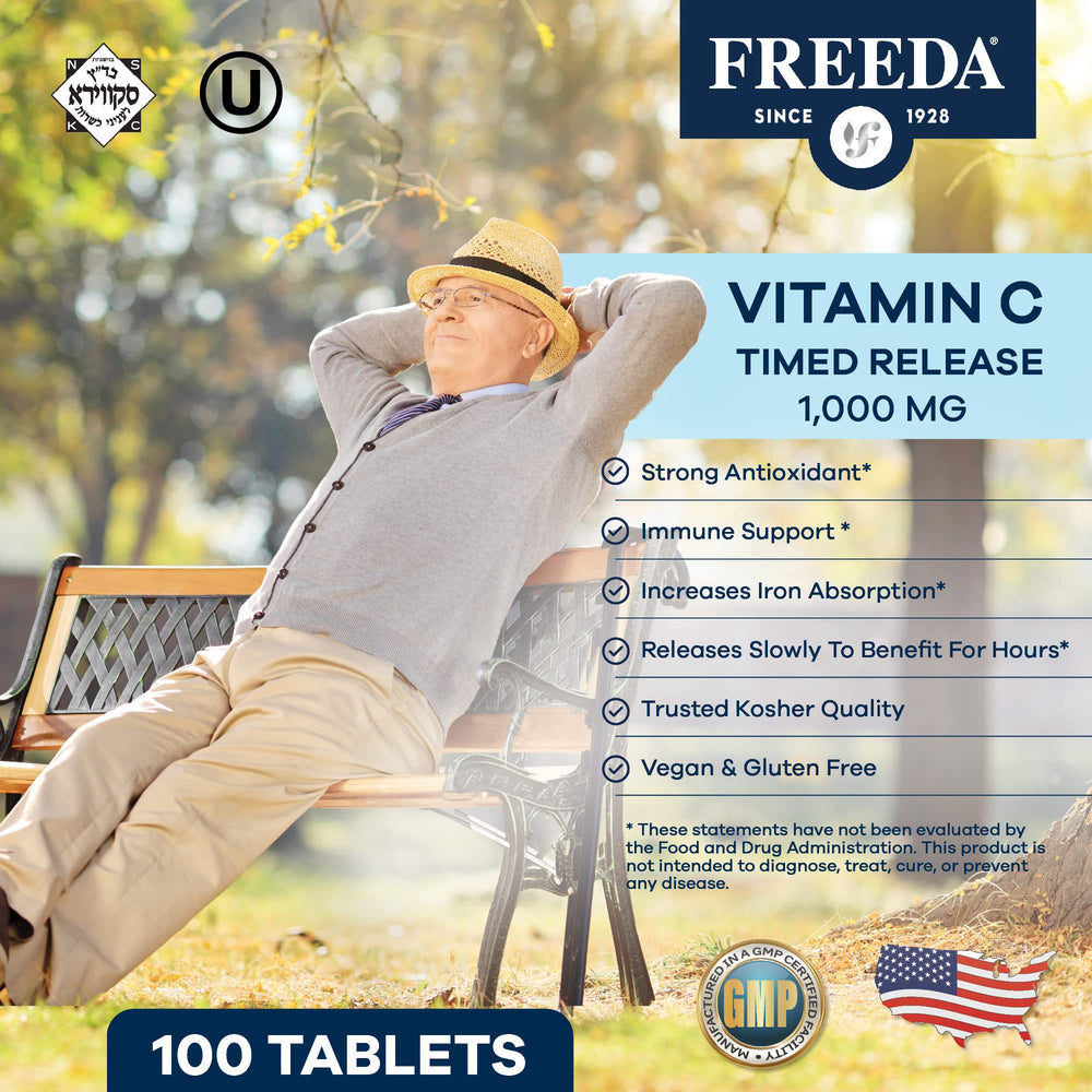 Freeda Vitamin C timed-release 1000mg tablets close-up highlighting high-absorption design.