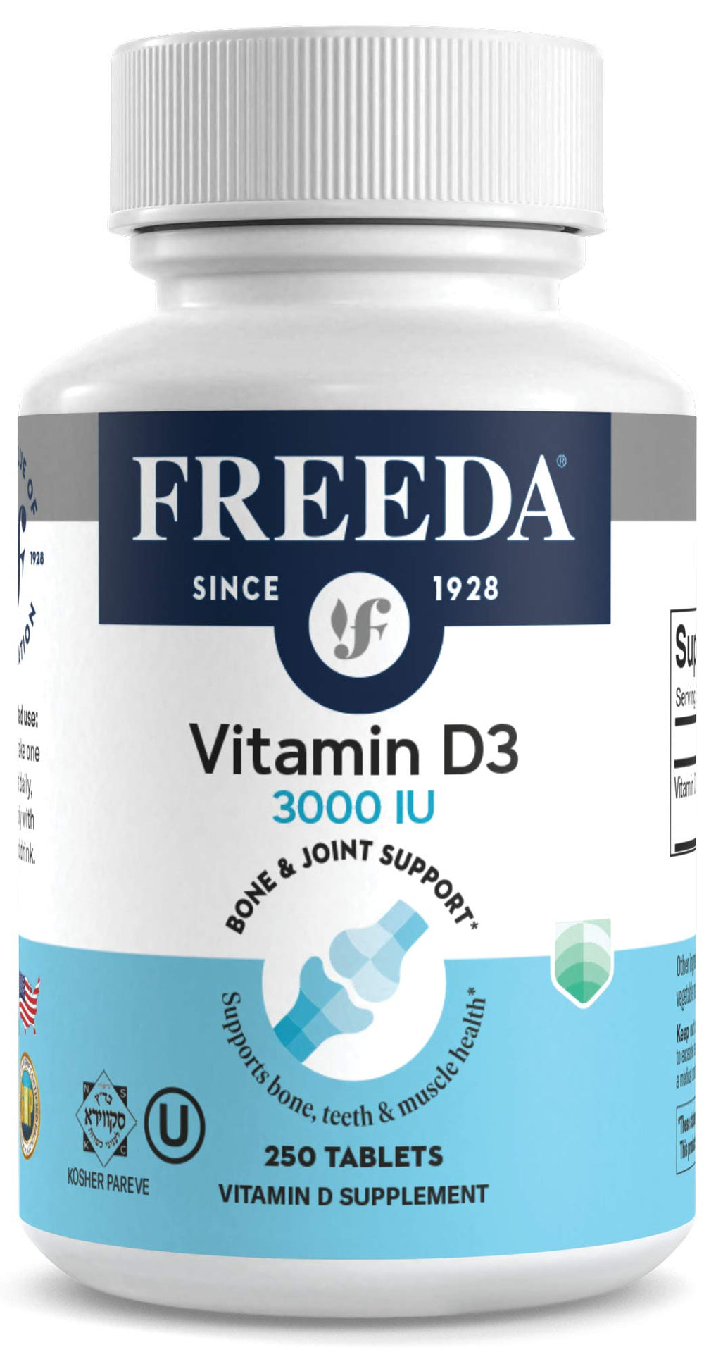 Freeda Vitamin D3 3000 IU bottle close-up highlighting potency for daily use.