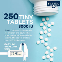 Freeda Vitamin D3 bottle being poured into a glass for simple daily use.