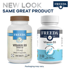 Freeda vitamin d3 bottle back label shows dosage and serving information.