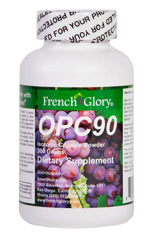 FrenchGlory OPC90 powder tub highlighting isotonic formula for efficient absorption