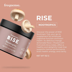 FREQUENSE Rise powder dissolving in water in a glass for quick hydration and focus