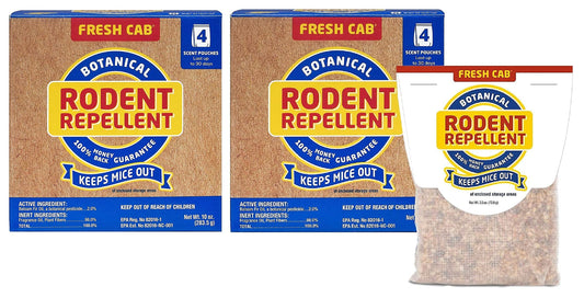 Fresh Cab rodent repellent box with eight pouches ready to protect storage spaces.