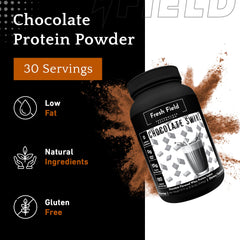 Fresh Field chocolate protein powder scoop ready to blend into smoothies.