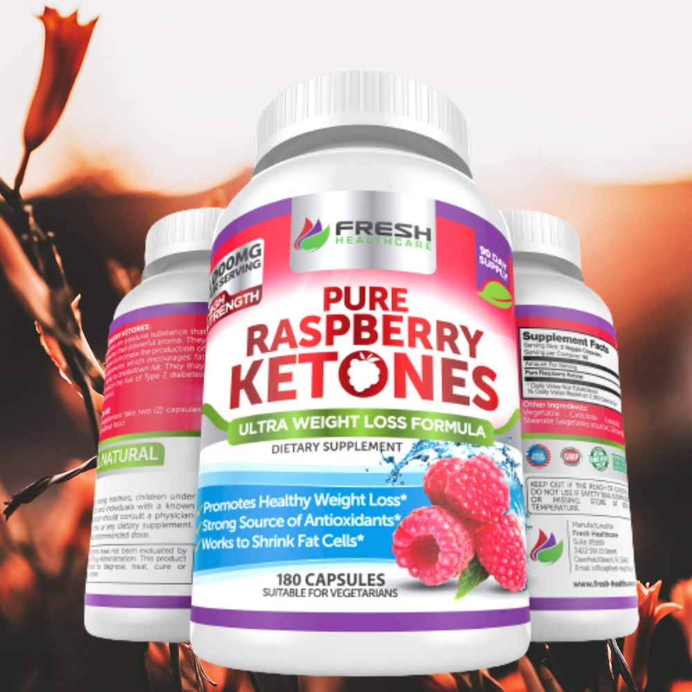 FRESH HEALTHCARE Raspberry Ketones bottle on desk with trust seal
