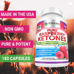 FRESH HEALTHCARE Raspberry Ketones supplement facts label emphasizes non-GMO quality