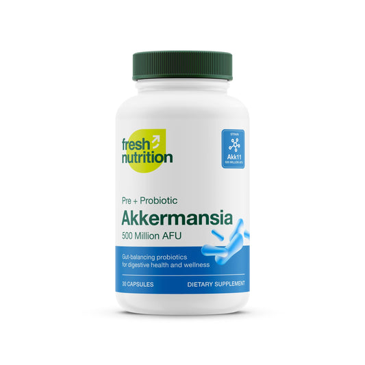 Fresh Nutrition Akkermansia muciniphila capsules bottle highlighting gut support