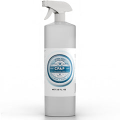 Fresh Sleep CPAP Equipment Cleanser bottle pour demonstrates easy daily deodorizing for mask, hose, and reservoir