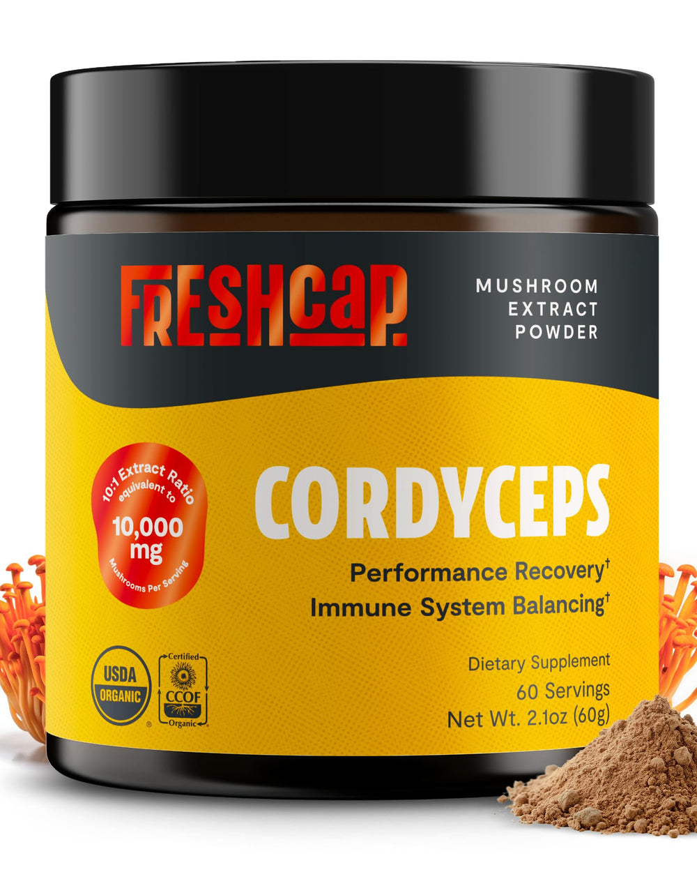 FreshCap Cordyceps powder bottle shows 60 servings for daily energy.