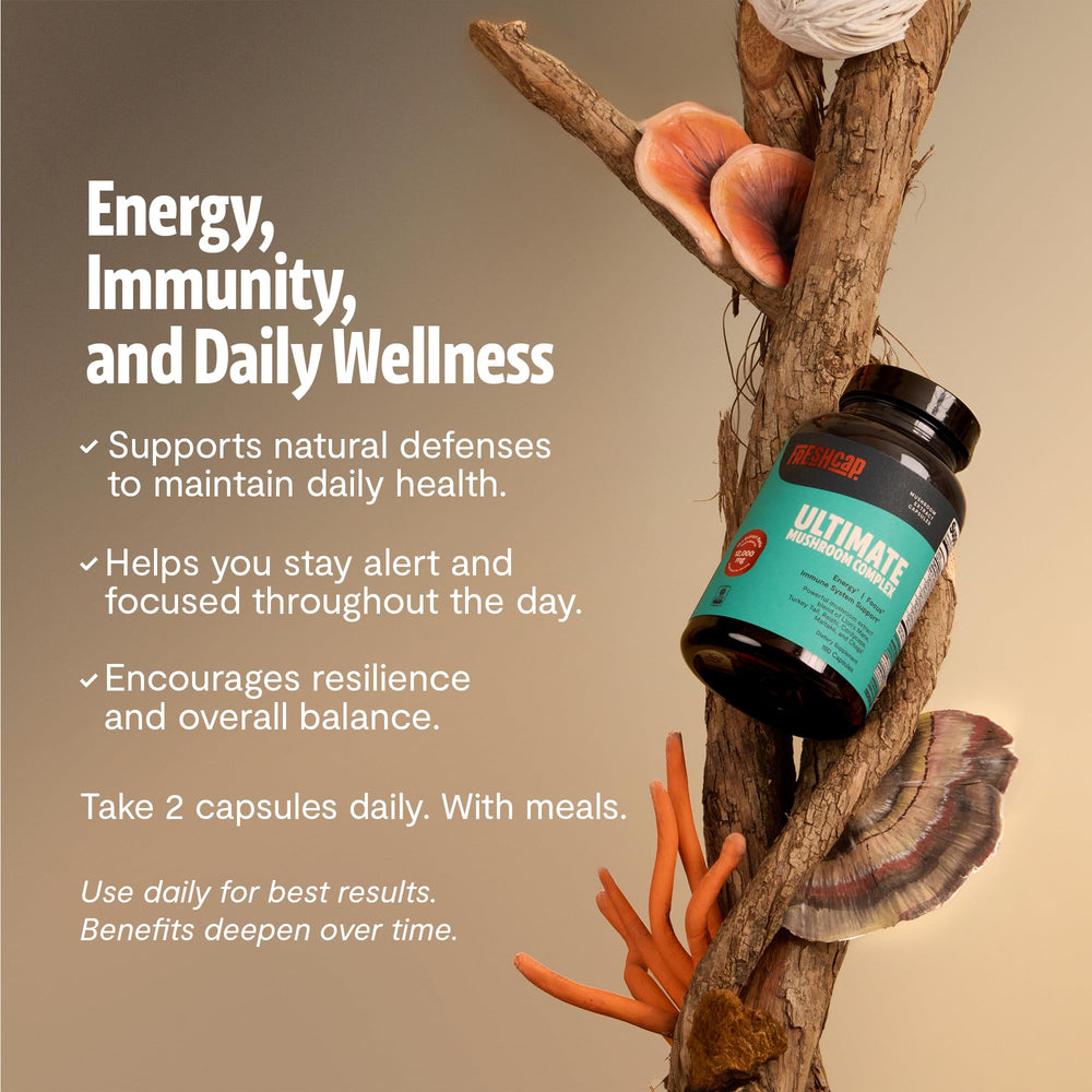 FreshCap Lion's Mane capsules highlighting memory and focus potential.
