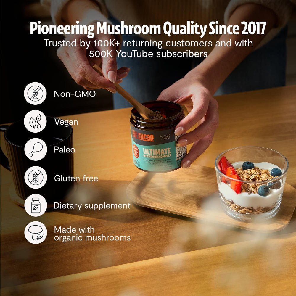FreshCap Mushrooms bottle with glass and spoon ready to mix into drinks