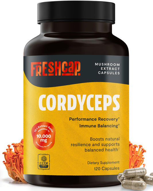 FreshCap Mushrooms Cordyceps capsules bottle highlights natural energy support