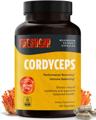 FreshCap Mushrooms Cordyceps capsules bottle highlights natural energy support