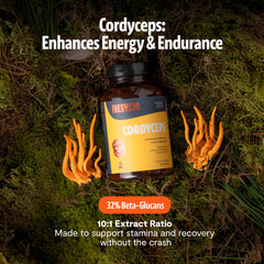 FreshCap Cordyceps capsules label showcases 10,000 mg potency per serving