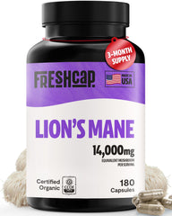 FreshCap Lions Mane capsules bottle ready for cognitive support.