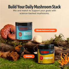 FreshCap Mushrooms packaging and ingredients list highlights the six-mushroom blend