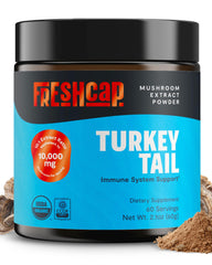 FreshCap Mushrooms Turkey Tail Powder bottle displaying 10,000mg per serving for immune support.
