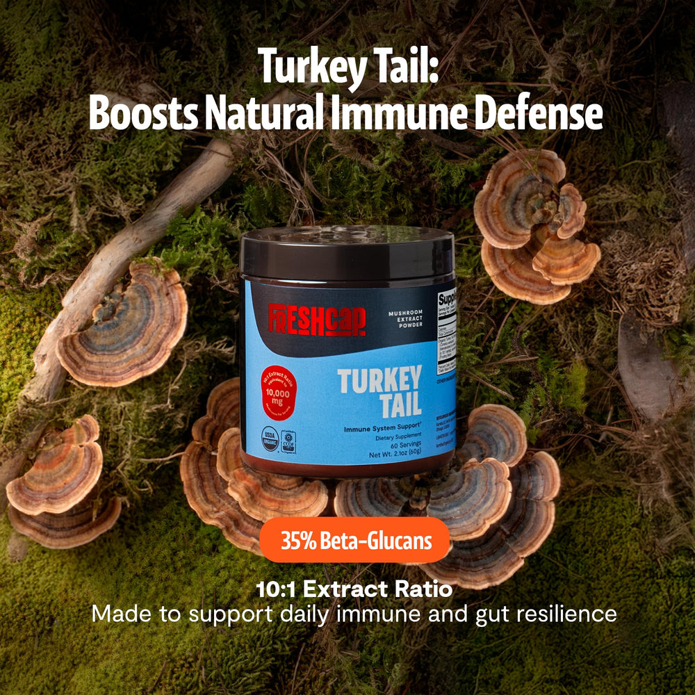 FreshCap Mushrooms Turkey Tail Powder label close-up showing organic certification.