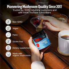 FreshCap Mushrooms Turkey Tail Powder stirred into a smoothie for daily wellness.