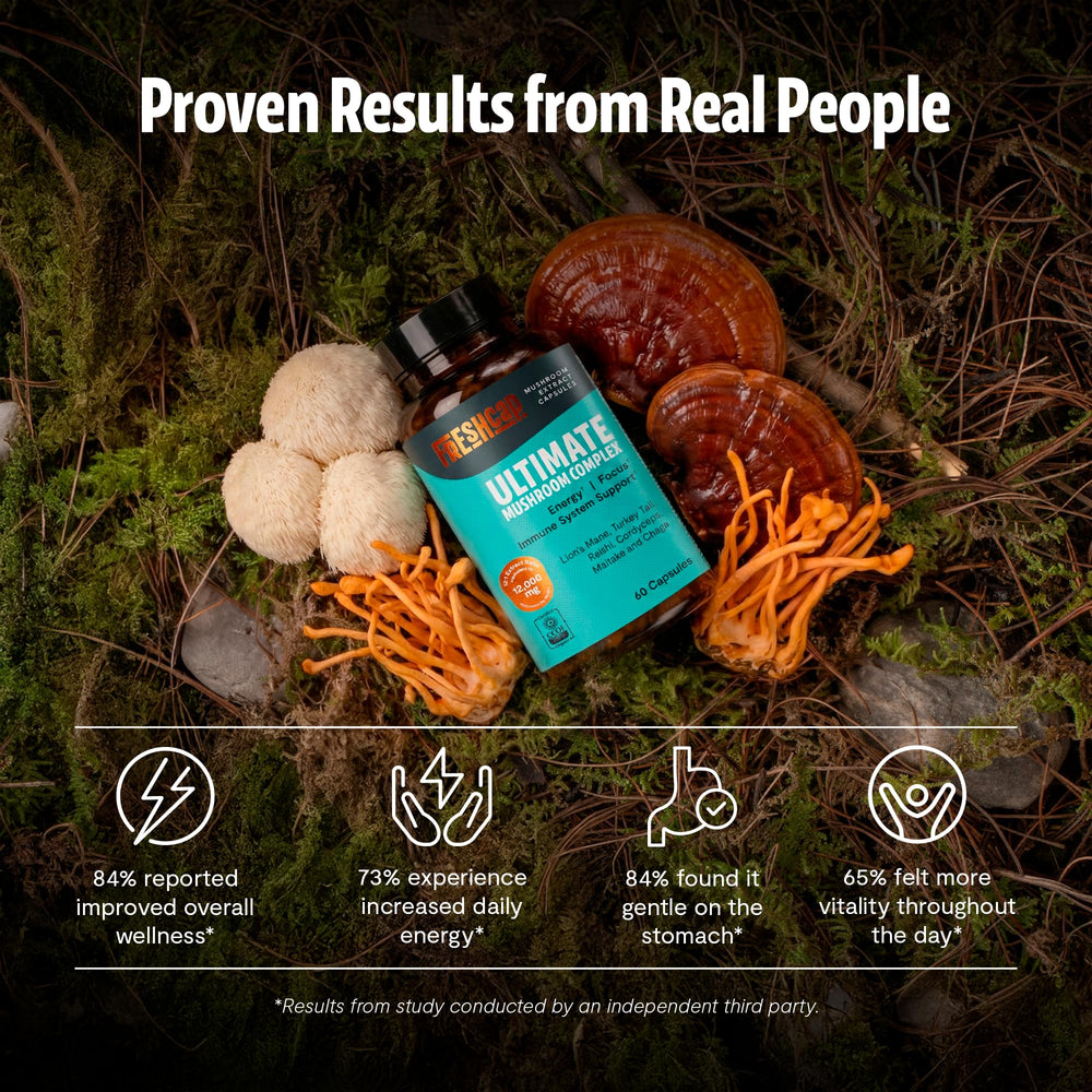 Closeup of FreshCap Mushrooms Ultimate capsules highlighting plant-based formula.