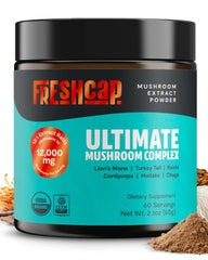 FreshCap Mushrooms Ultimate Powder bottle front view for easy daily use