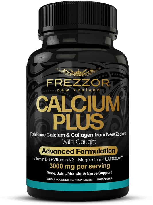 FREZZOR Calcium Plus bottle pouring capsules for daily bone support.
