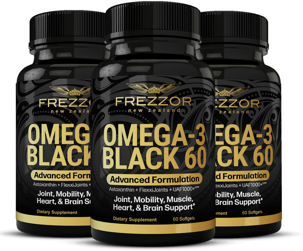 FREZZOR Omega 3 Black bottle front showing joint support capsules.