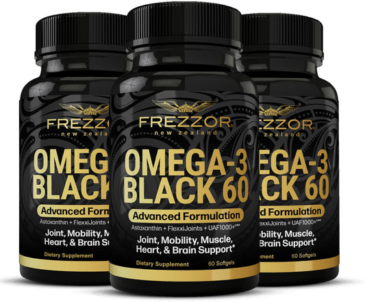 FREZZOR Omega 3 Black bottle front showing joint support capsules.
