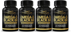 FREZZOR Omega 3 Black bottle front highlighting high-potency mussel oil for joint comfort.