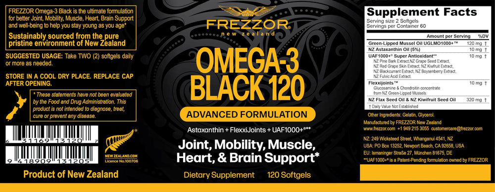 FREZZOR Omega-3 Black capsules shown as small, easy-to-swallow soft-gels.