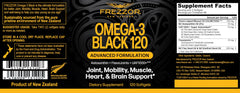 FREZZOR Omega-3 Black capsules shown as small, easy-to-swallow soft-gels.