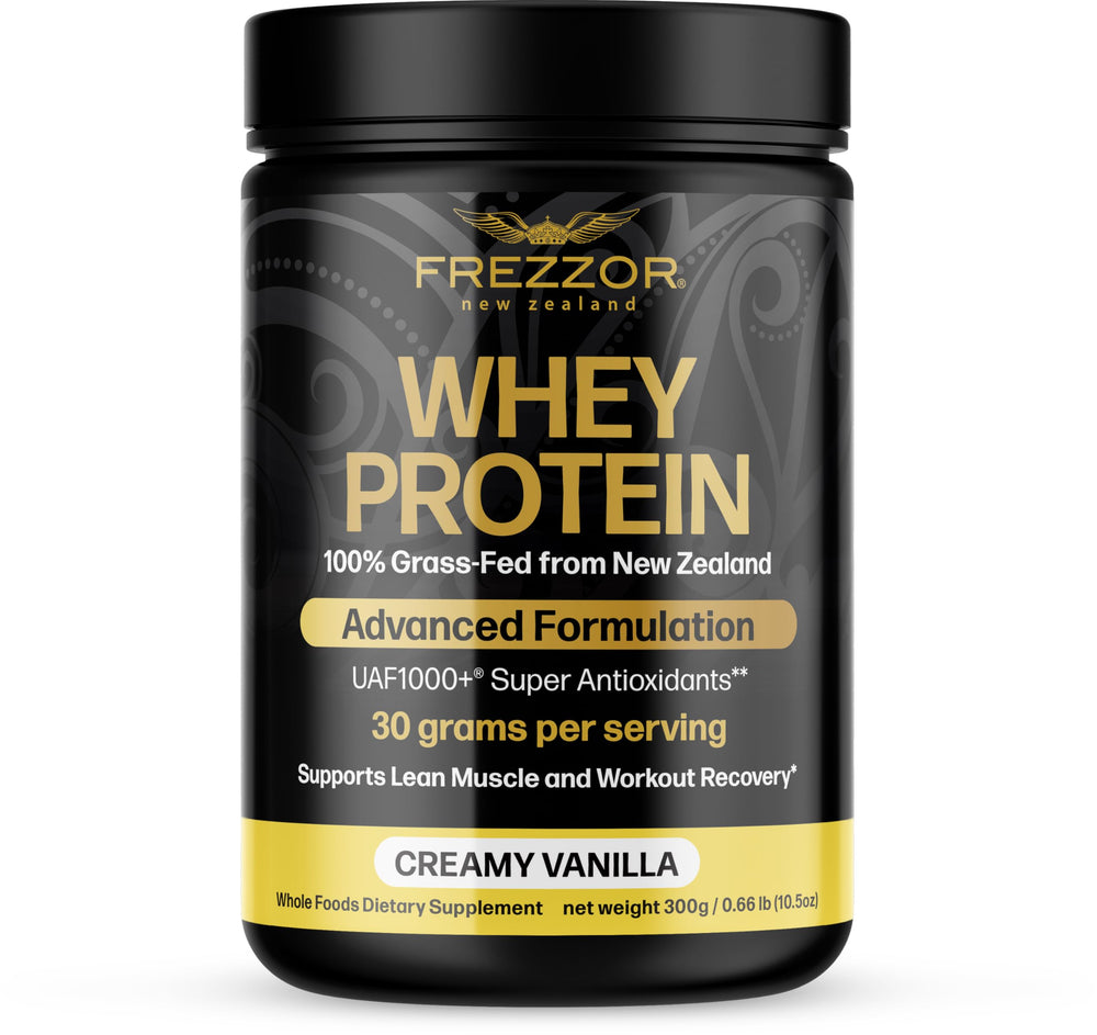 FREZZOR vanilla whey protein powder bottle for lean muscle support.