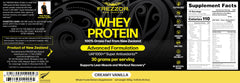 FREZZOR vanilla whey powder being poured for post-workout recovery.