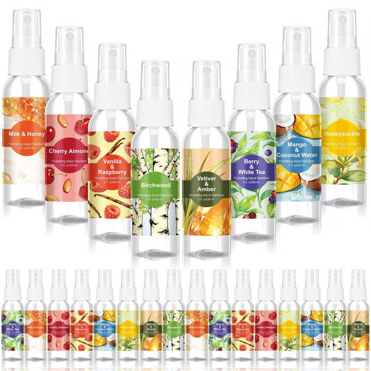 Frienda 24-pcs scented hand sanitizer spray set with travel size bottles for on-the-go freshness.