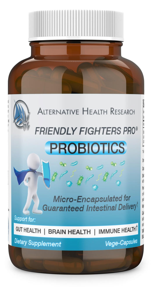 Friendly Fighters Pro probiotic bottle with capsules supports daily digestive comfort.