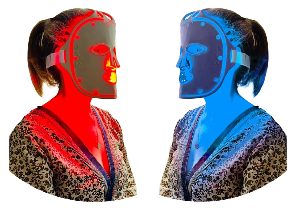 Fringe Red Face Mask on the face with 234 LEDs for full-face light therapy.