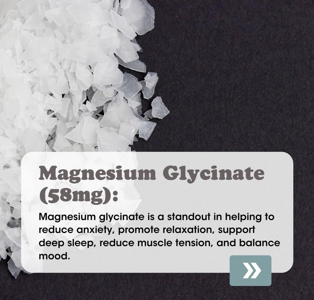 Fringe Triple Magnesium Mix on nightstand suggests a calm evening routine.