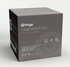 Fringe Triple Magnesium Mix packaging closeup highlights clean, unflavored formula.