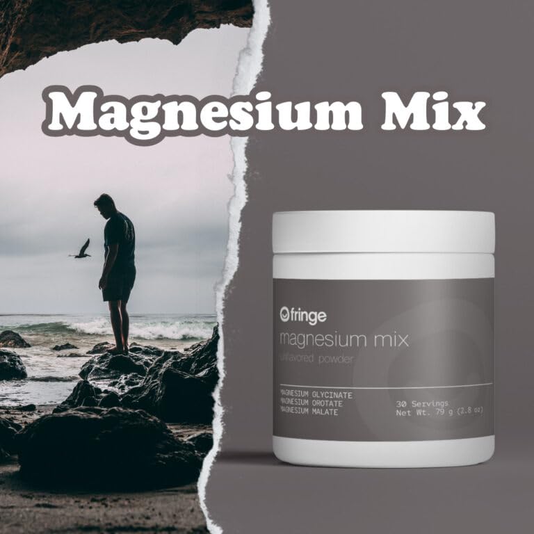 Fringe Triple Magnesium Mix scoop beside glass for easy dosing.