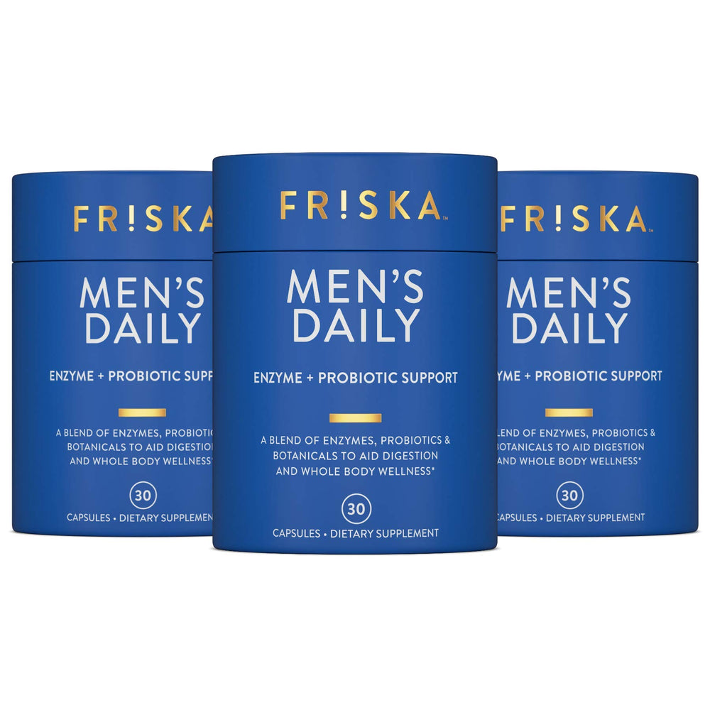 Friska daily enzymes bottle front promotes comfortable digestion after meals