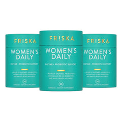 Friska Daily Digestive Enzymes bottle pouring for easy daily digestion