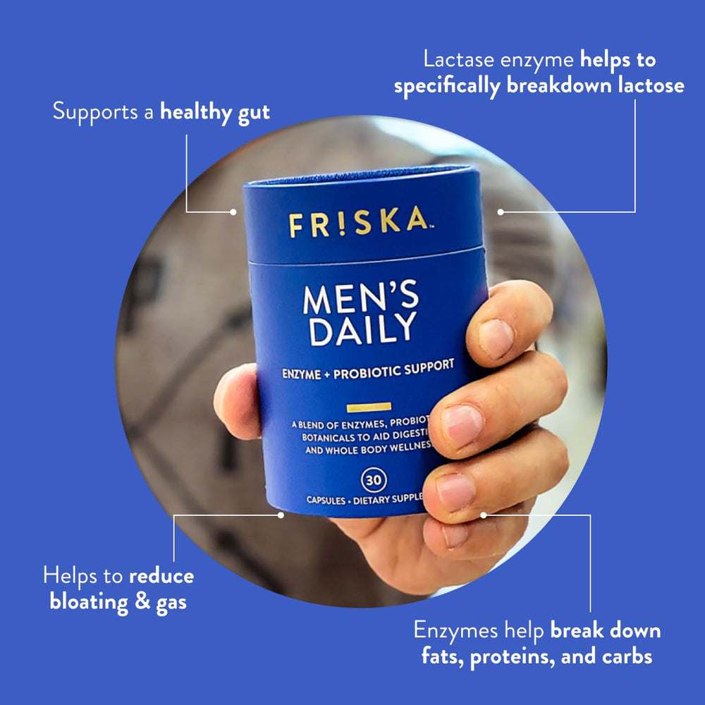 Friska daily enzymes probiotic bottle with DE111 visual emphasizes digestive support