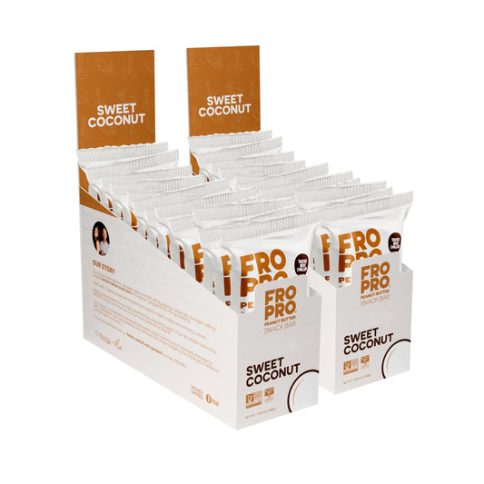 FRO PRO coconut packaging of plant protein snack bar shows convenient, high-protein appeal.