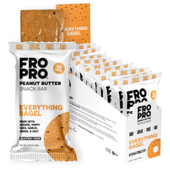 FRO PRO Everything Bagel snack bars pack on counter, high-protein grab-and-go option.