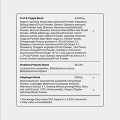 Frog Fuel Performance Greens nutrition label shows 9g protein and 5B CFU probiotics