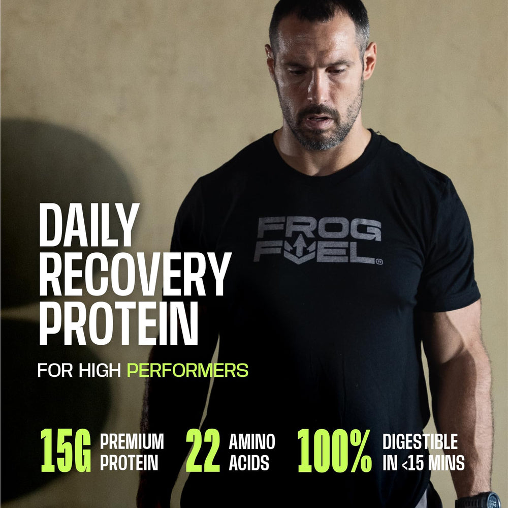 Frog Fuel Power Regular Protein Shot packets for quick post-workout nutrition on the move.