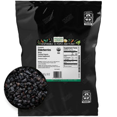 Frontier Co-op organic dried elderberries in a 1lb bulk bag; supports immune-system-friendly beverages.